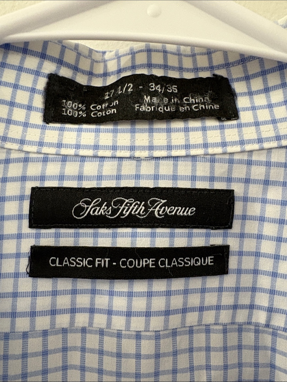 Saks Fifth Avenue Men's Light Blue Checked Dress Shirt - size 17.5 (34/35) - Picture 2 of 5